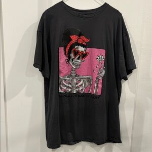 Black Graphic Tee with Pink Skeleton Design